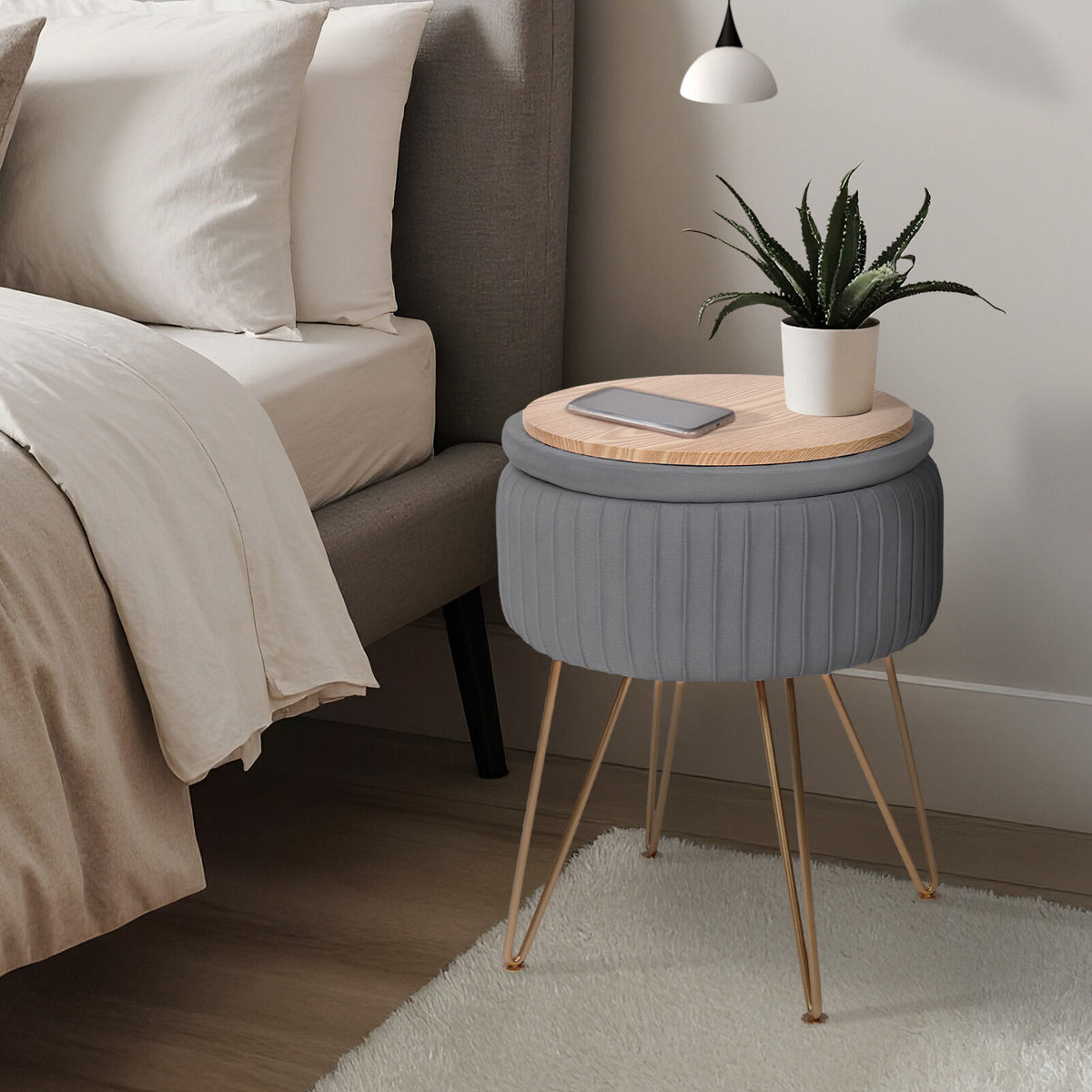 Side Table Storage Ottoman - Velvet Padded Stool Vanity Footstool REMY GREY