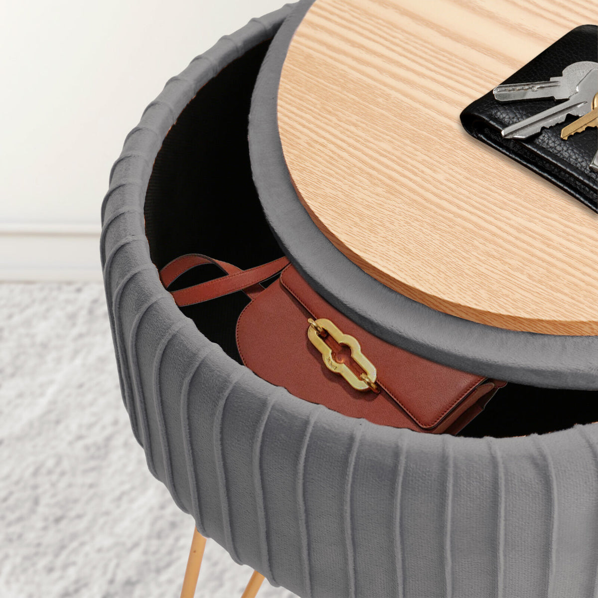 Side Table Storage Ottoman - Velvet Padded Stool Vanity Footstool REMY GREY