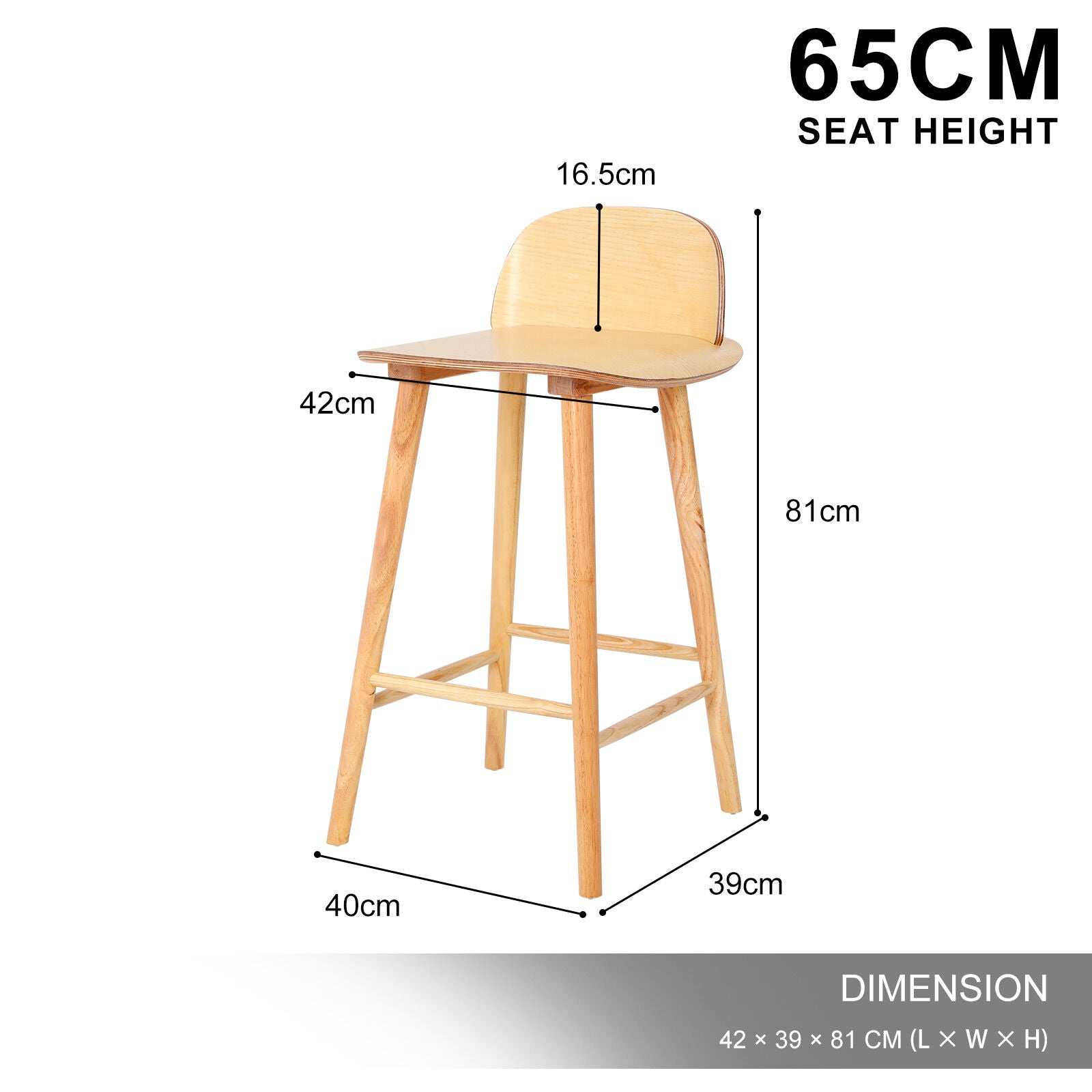 Wooden Bar Stool Dining Chair Ash Wood ELISE 65cm