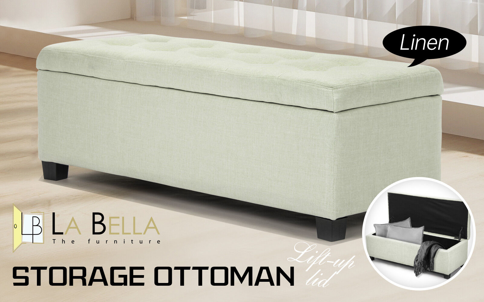 Storage Ottoman Stool 102cm Fabric LIGHT GREEN