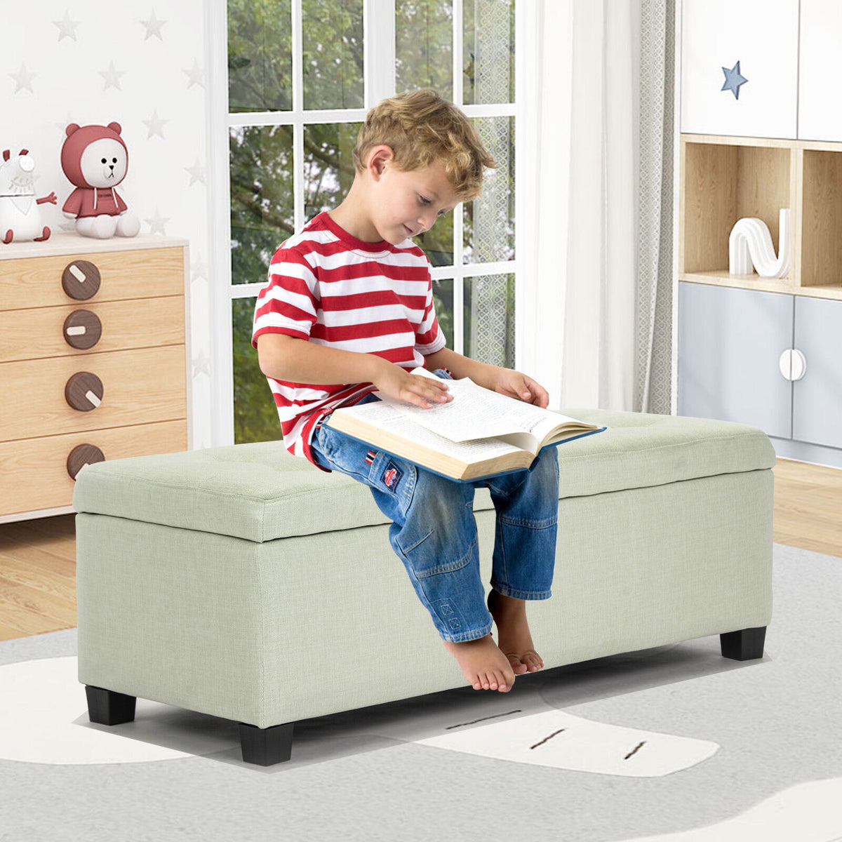 Storage Ottoman Stool 102cm Fabric LIGHT GREEN
