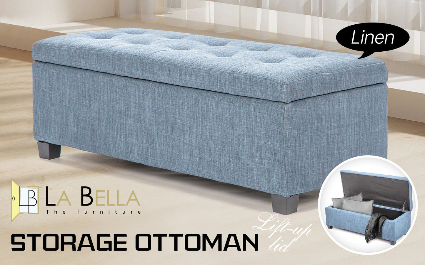 Storage Ottoman Stool 102cm Fabric LIGHT GREY BLUE