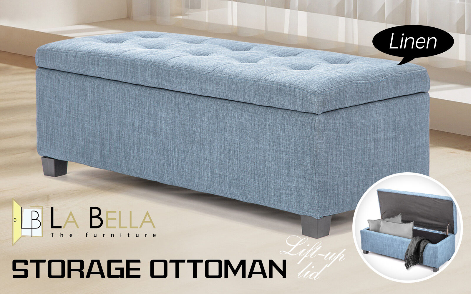 Storage Ottoman Stool 102cm Fabric LIGHT GREY BLUE