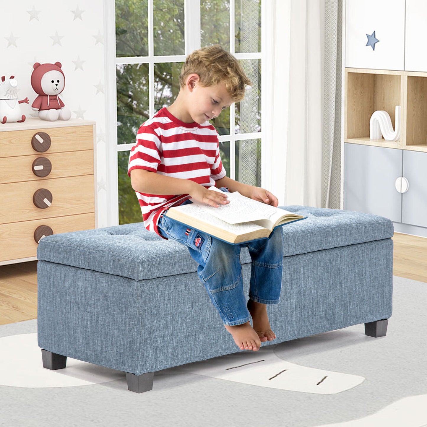 Storage Ottoman Stool 102cm Fabric LIGHT GREY BLUE