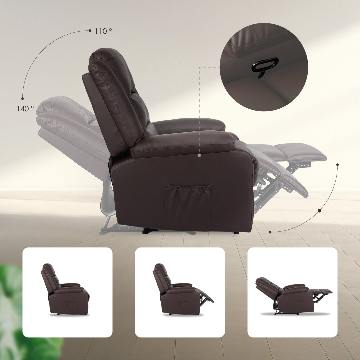 Home Recliner Chair - PU Leather Sofa Lounge Armchair MARLO BROWN