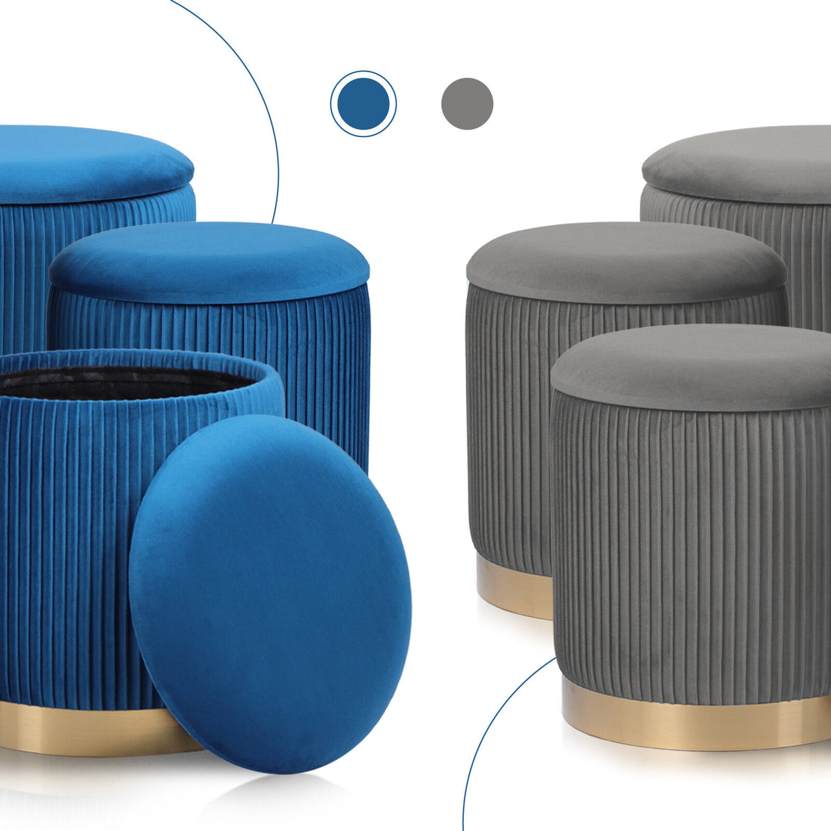 3 Piece Set Storage Ottoman - Blanket Box Velvet Padded Bench Stool FAYE BLUE