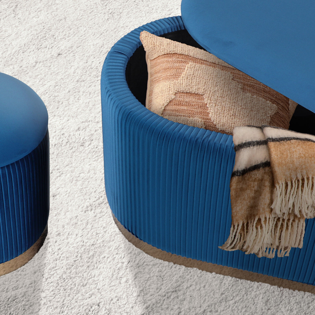 3 Piece Set Storage Ottoman - Blanket Box Velvet Padded Bench Stool FAYE BLUE