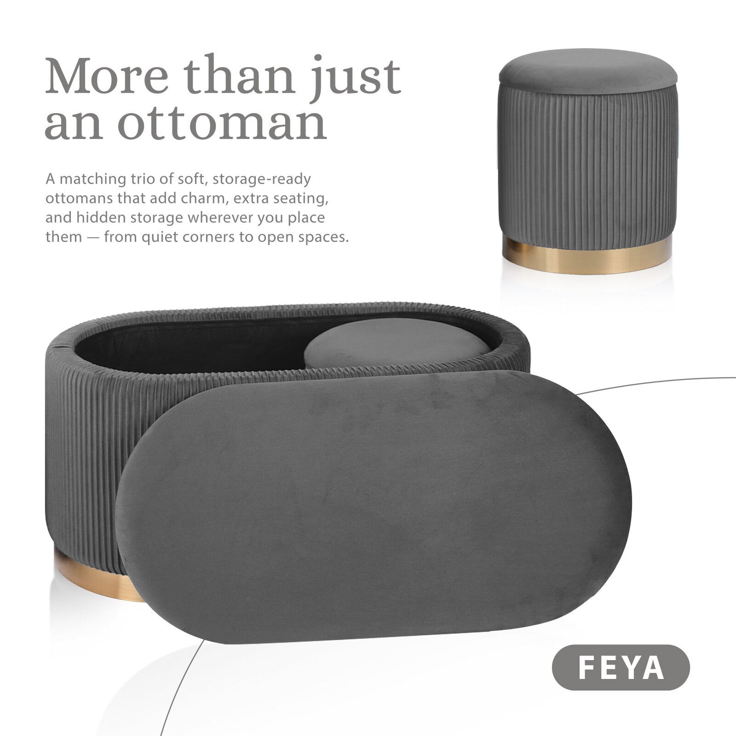 3 Piece Set Storage Ottoman - Blanket Box Velvet Padded Bench Stool FAYE GREY