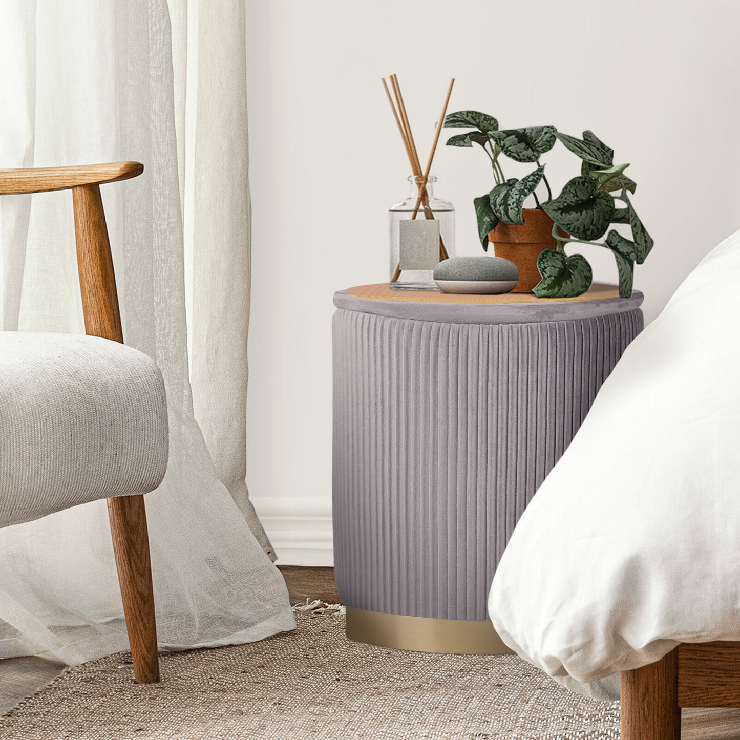 2X Side Table Storage Ottoman - Velvet Stool MIRA Grey