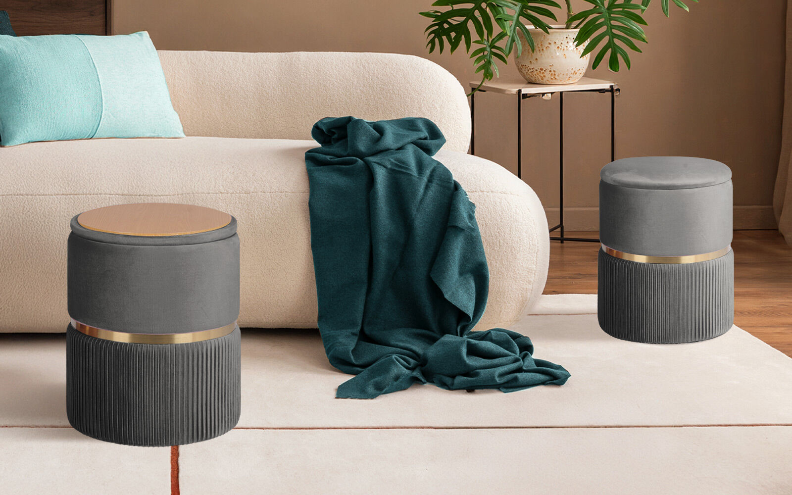 2X Side Table Storage Ottoman - Velvet Padded Stool Vanity Footstool REMI GREY