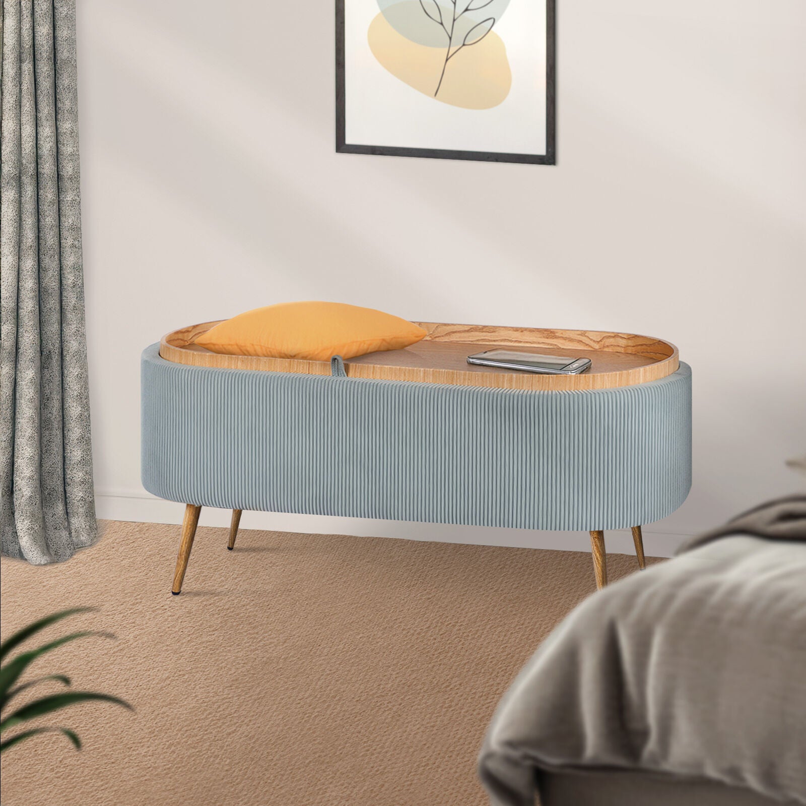 Coffee Table Storage Ottoman - Corduroy Padded Blanket Box Bench ESME - DUSTY BLUE