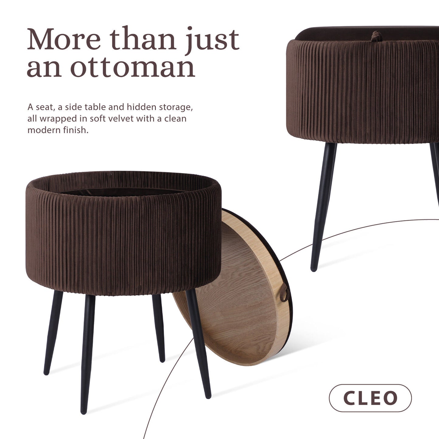 Side Table Storage Ottoman - Velvet Padded Stool Vanity Footstool CLEO BROWN