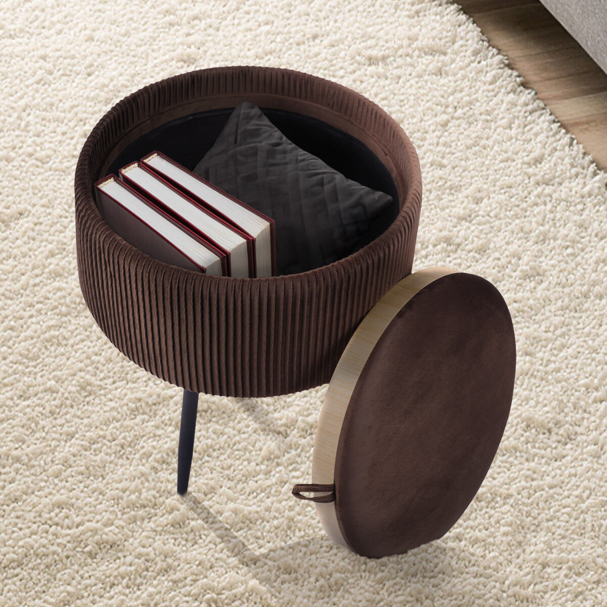 Side Table Storage Ottoman - Velvet Padded Stool Vanity Footstool CLEO BROWN