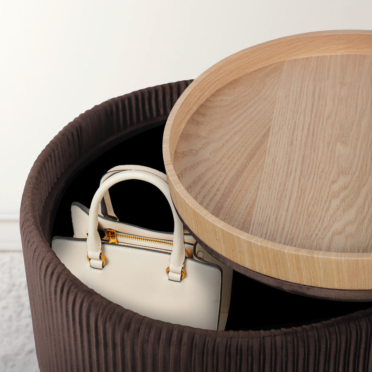 Side Table Storage Ottoman - Velvet Padded Stool Vanity Footstool CLEO BROWN