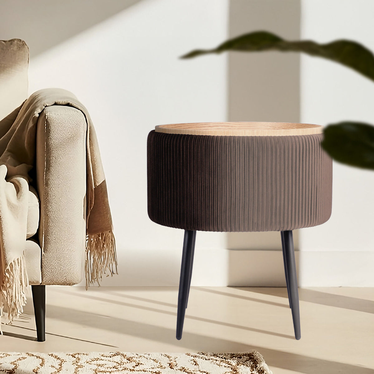 Side Table Storage Ottoman - Velvet Padded Stool Vanity Footstool CLEO BROWN