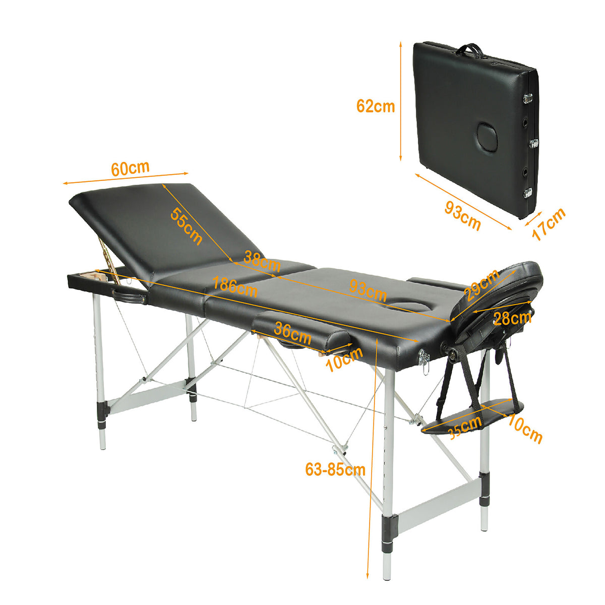 YES4HOMES Black 3 Fold Portable Aluminium Massage Table
