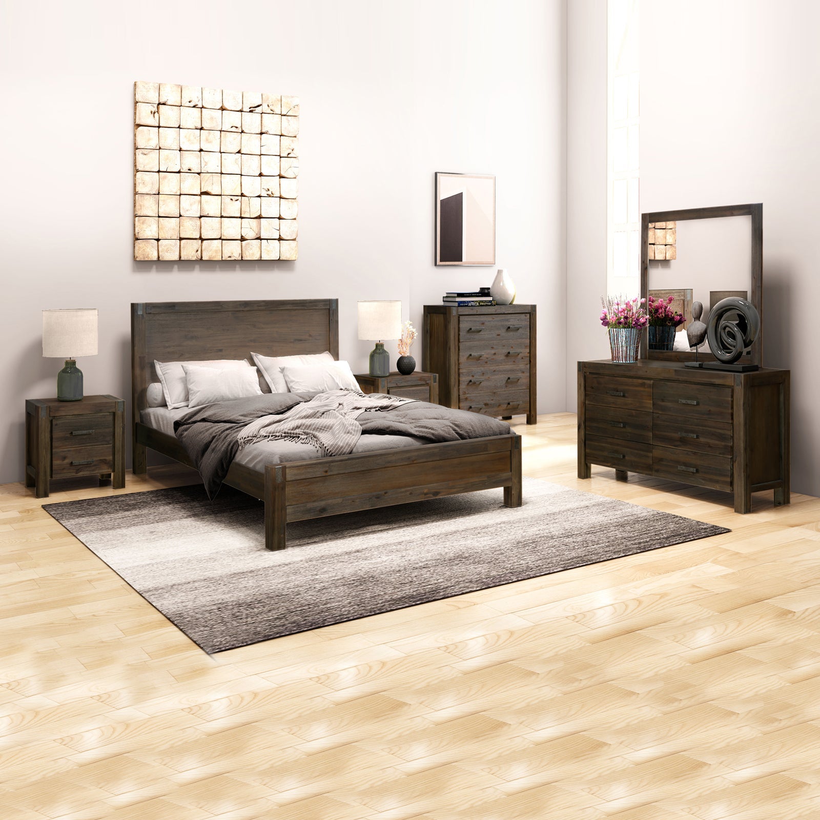 5 Pieces Bedroom Suite in Solid Wood Veneered Acacia Construction Timber Slat Double Size Chocolate Colour Bed, Bedside Table, Tallboy & Dresser