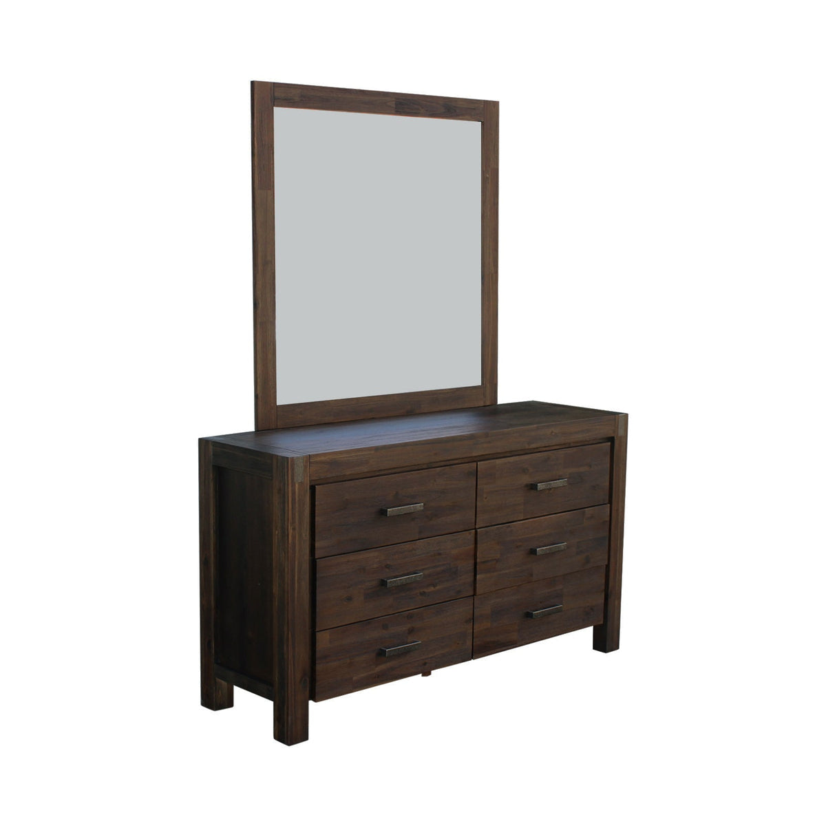 5 Pieces Bedroom Suite in Solid Wood Veneered Acacia Construction Timber Slat King Size Chocolate Colour Bed, Bedside Table , Tallboy & Dresser