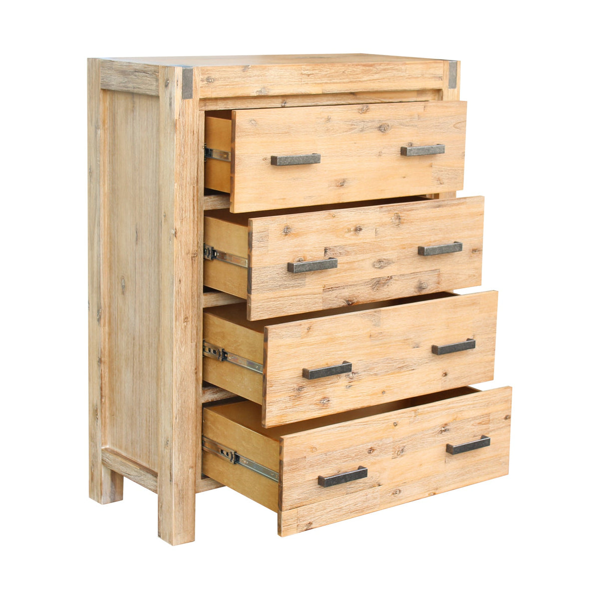 5 Pieces Bedroom Suite in Solid Wood Veneered Acacia Construction Timber Slat King Single Size Oak Colour Bed, Bedside Table , Tallboy & Dresser