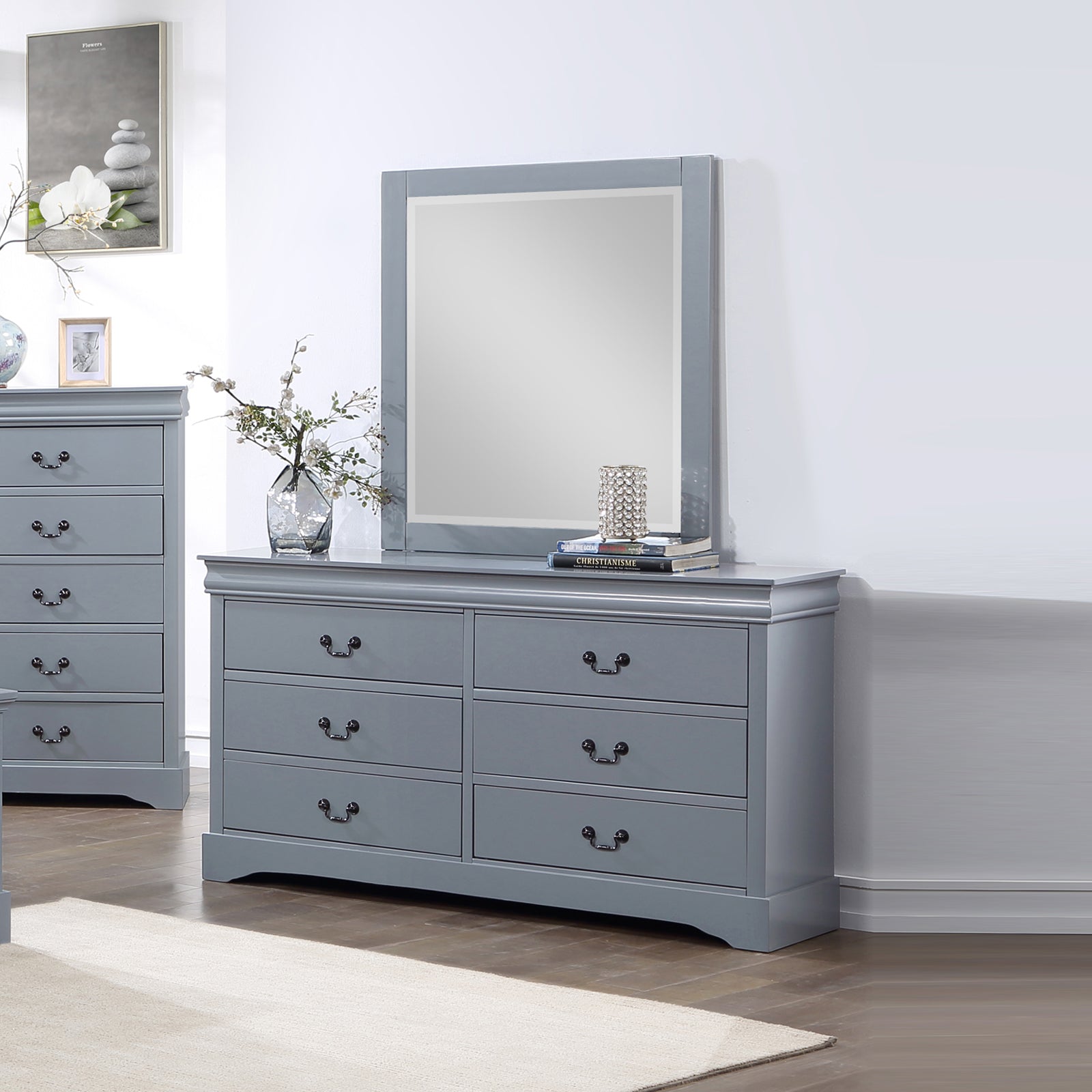 Dressing Chest with 6 Storage Drawers in Solid Wooden Mirror Metal Handles Grey Colour
