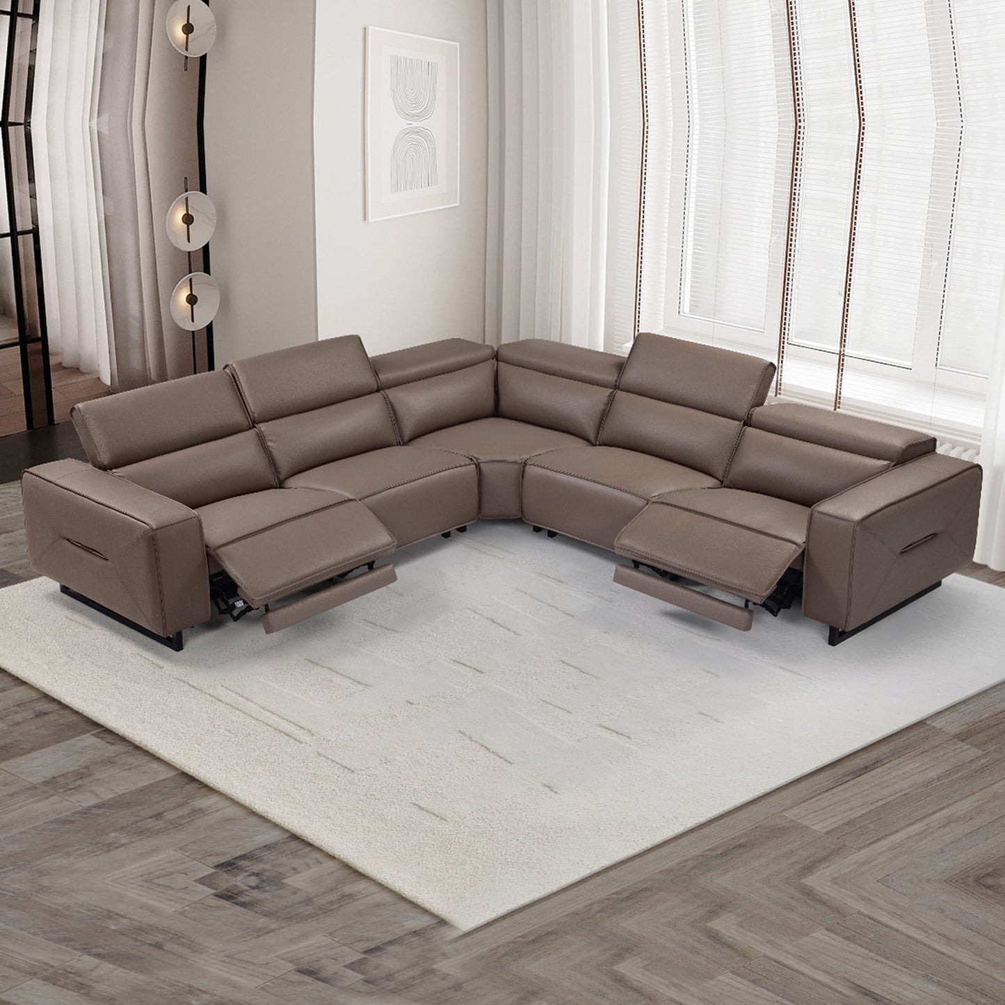 5 Seater Real Cow Leather Sofa with Power Recliner Adjustable Headrest Wooden Frame Corner Lounge