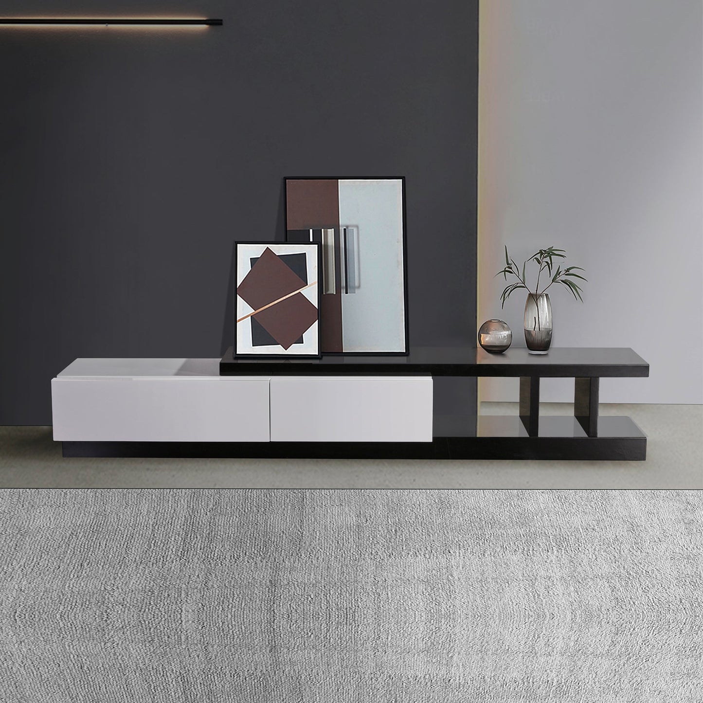 TV Cabinet with 2 Storage Drawers With High Glossy Assembled Entertainment Unit in Black & White colour
