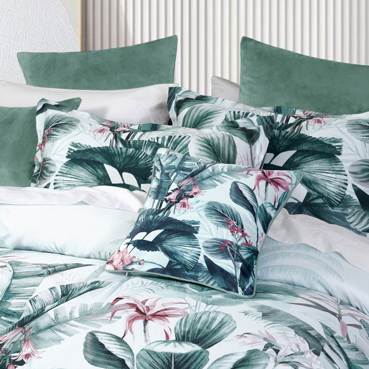 Bianca Abbey Green Cotton Sateen Tropical Floral Quilt Cover Set King