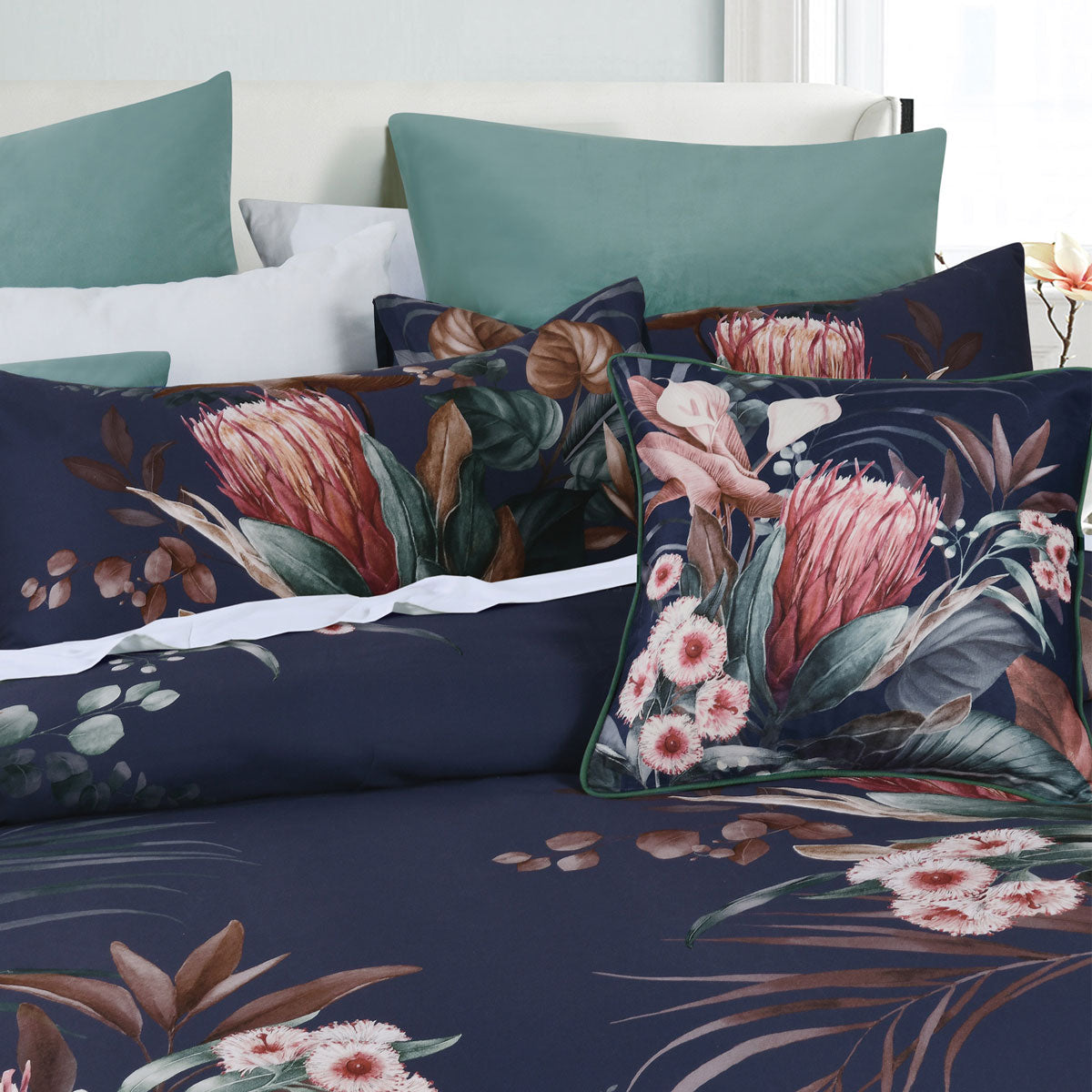 Bianca Balwyn Navy Cotton Sateen Botanical Quilt Cover Set Super King