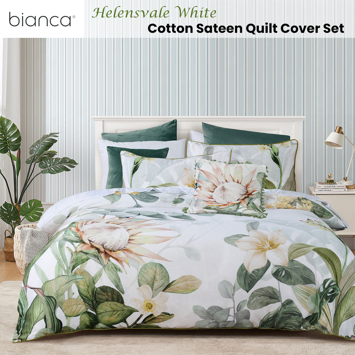 Bianca Helensvale White Floral Cotton Sateen Quilt Cover Set King