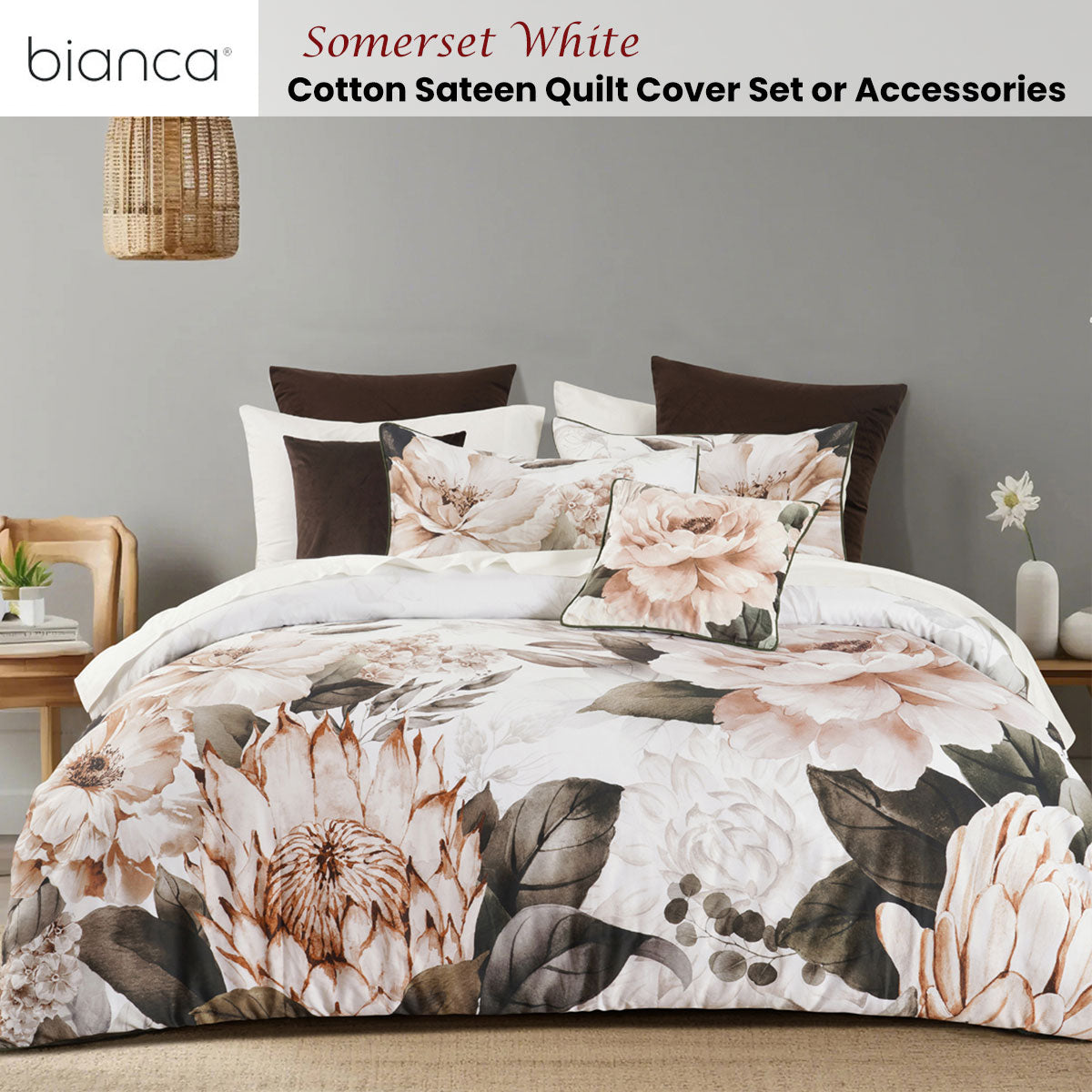 Bianca Somerset White Cotton Sateen Floral Quilt Cover Set Super King