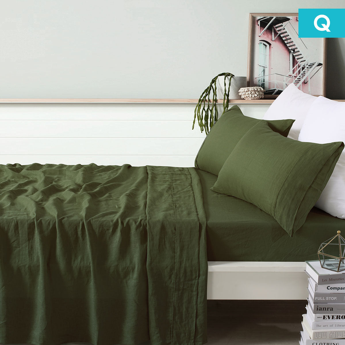 Vintage Design Homewares 100% Linen Olive Sheet Set Queen