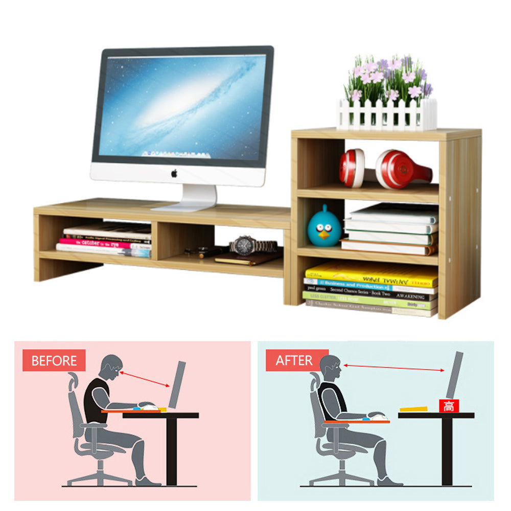 Wooden Desk Monitor Riser Stand With 3Tier Storage Shelves, White
