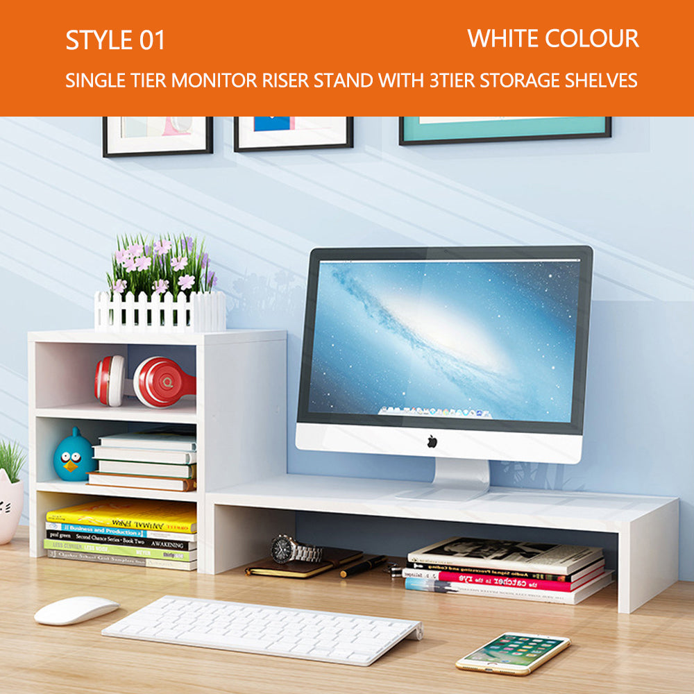 Wooden Desk Monitor Riser Stand With 3Tier Storage Shelves, White