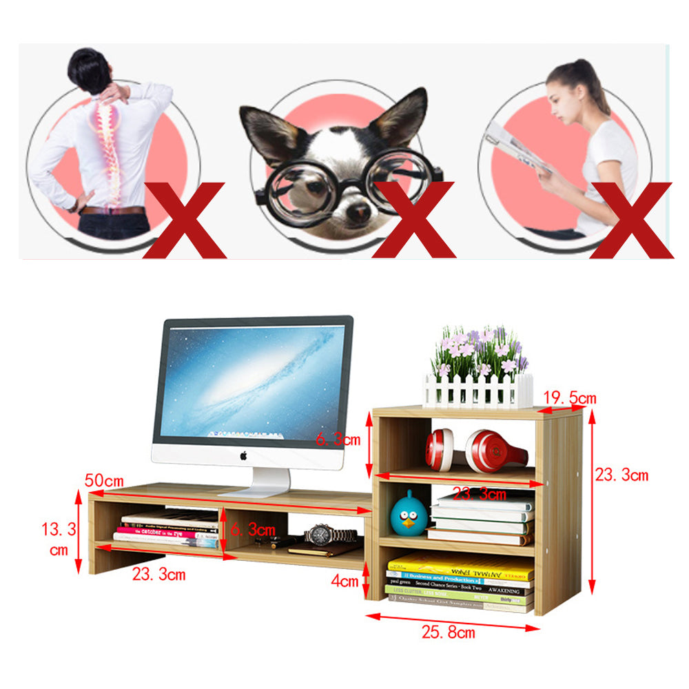 Wooden Desk Monitor Riser Stand With 3Tier Storage Shelves, White
