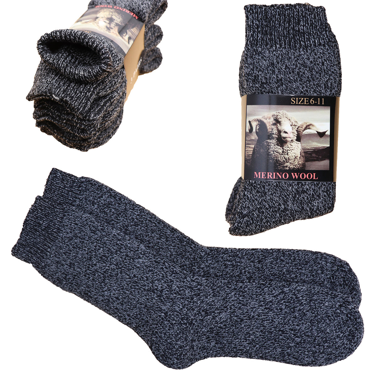 6 Pairs Merino Wool Thick Double Cushion Heavy Duty Socks