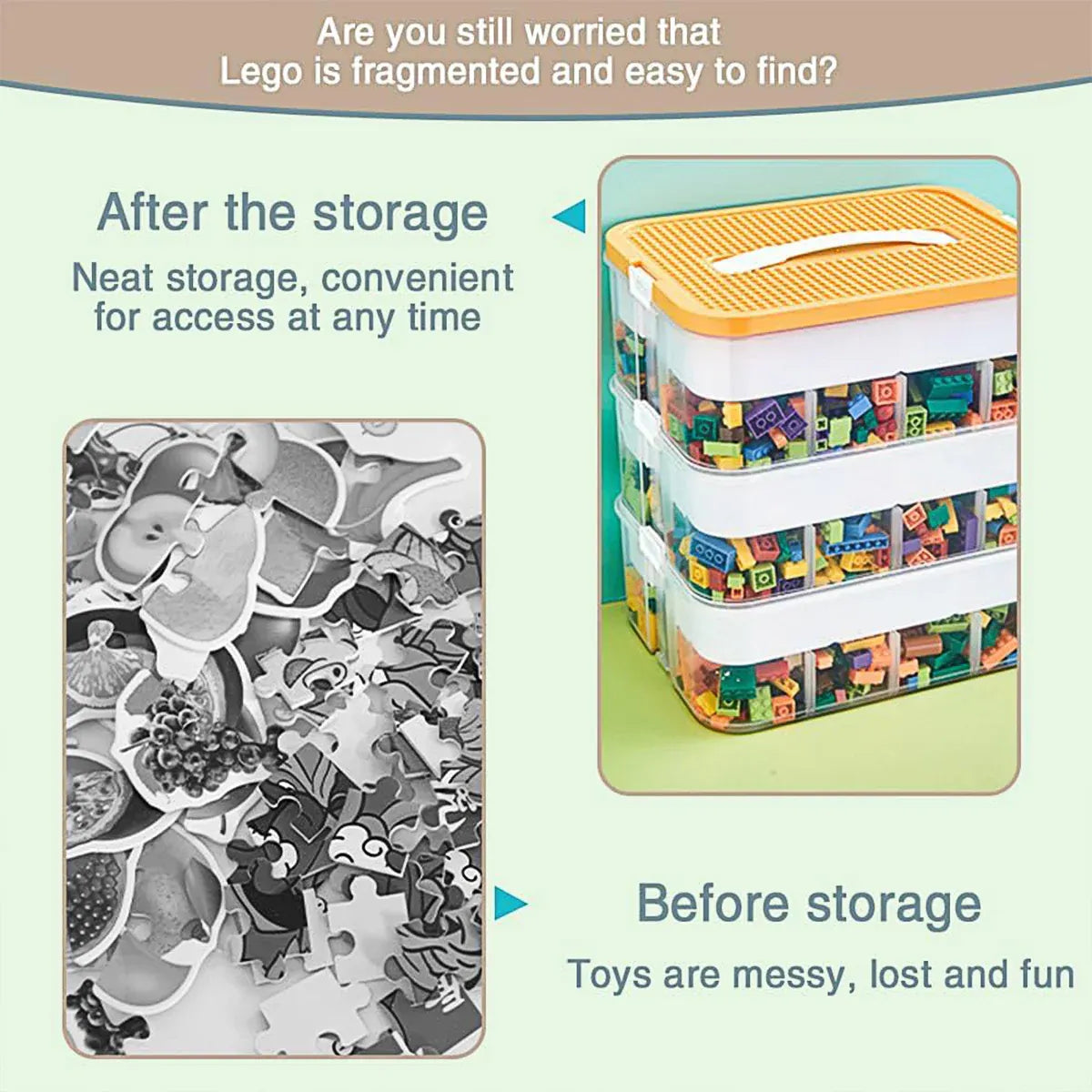 3Layer Storage Box Large Capacity Toy Organizer Building Block Storage Container - Green