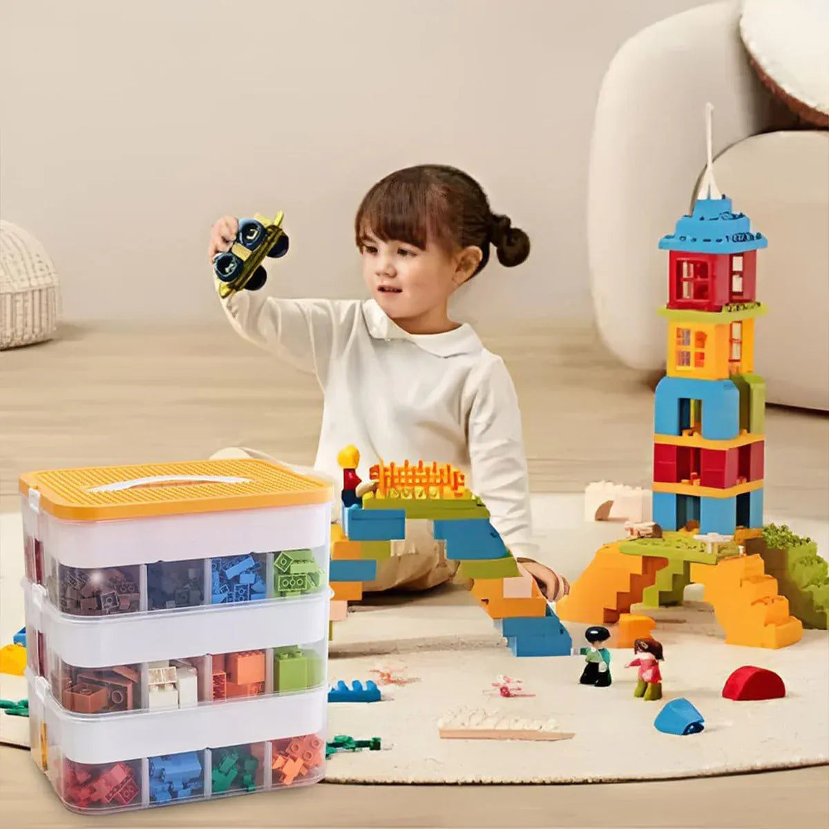 3Layer Storage Box Large Capacity Toy Organizer Building Block Storage Container - Yellow