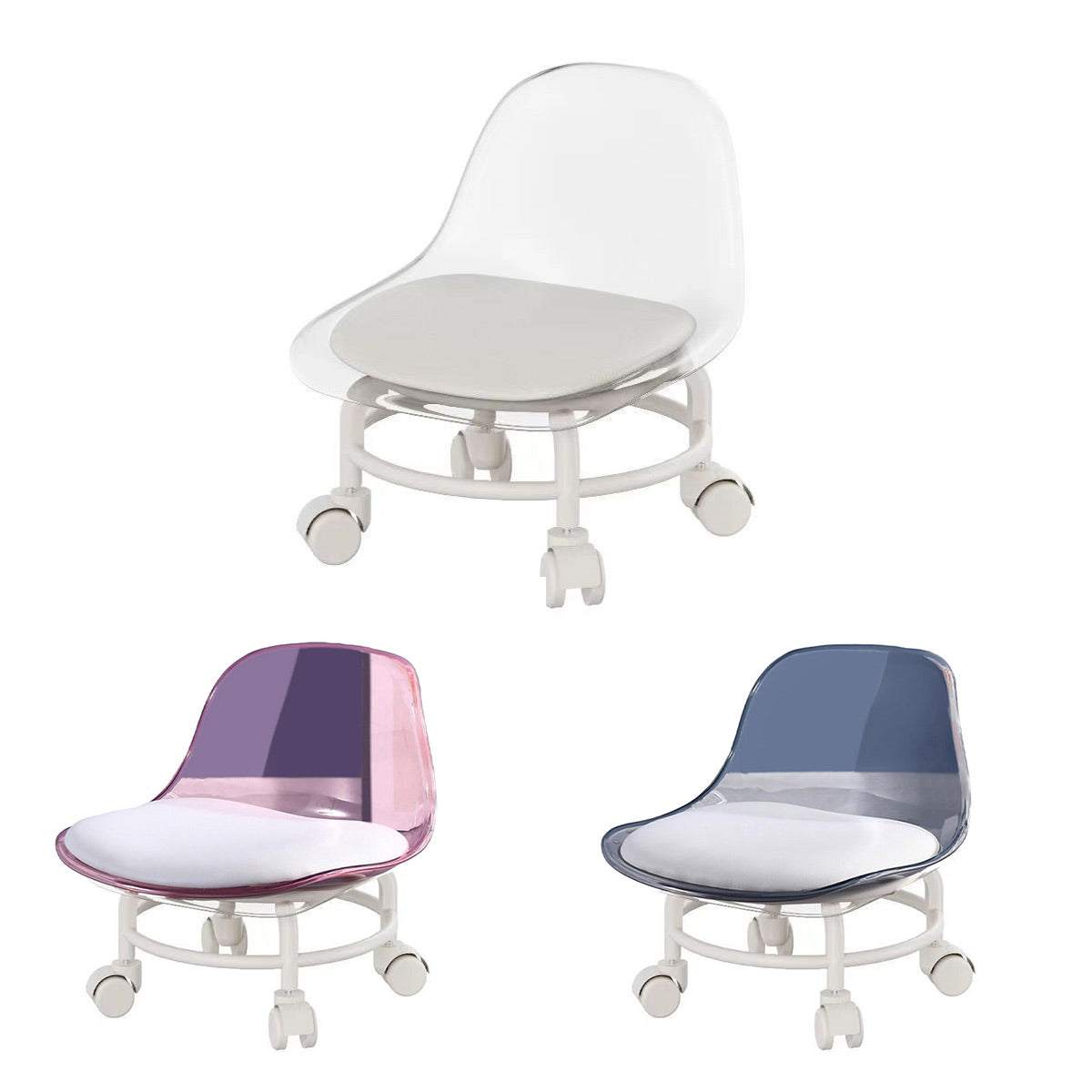 Stool with Universal Wheels Pulley Short Stool with Backrest Comfortable Seat - White