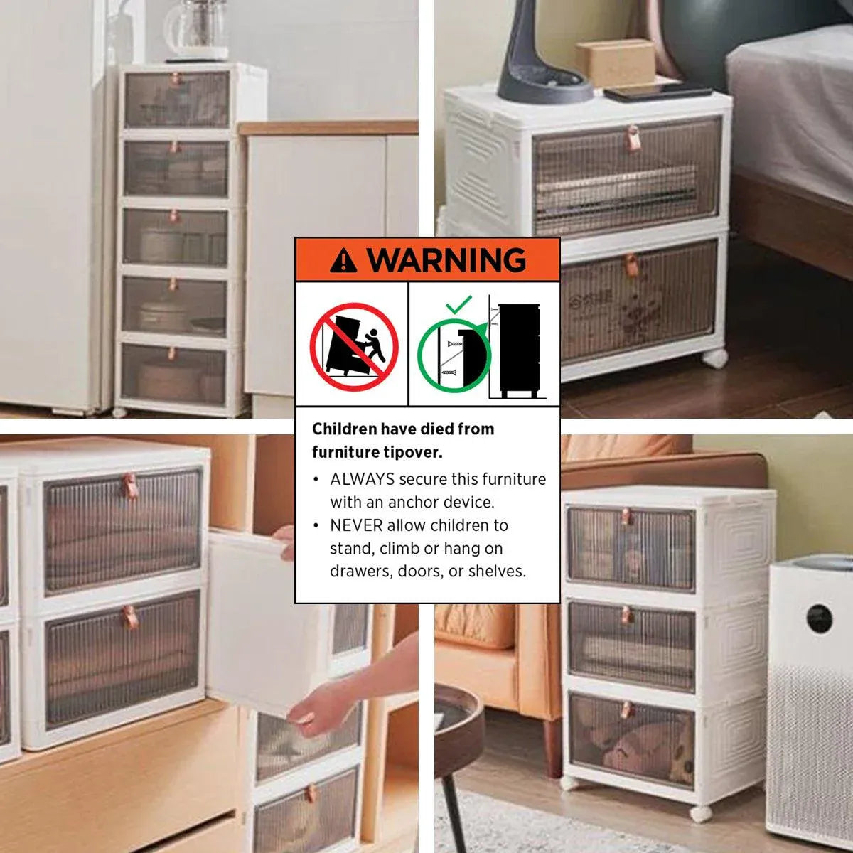 4 Tier Plastic Storage Cabinet with Wheels Large Capacity Foldable Storage Bins