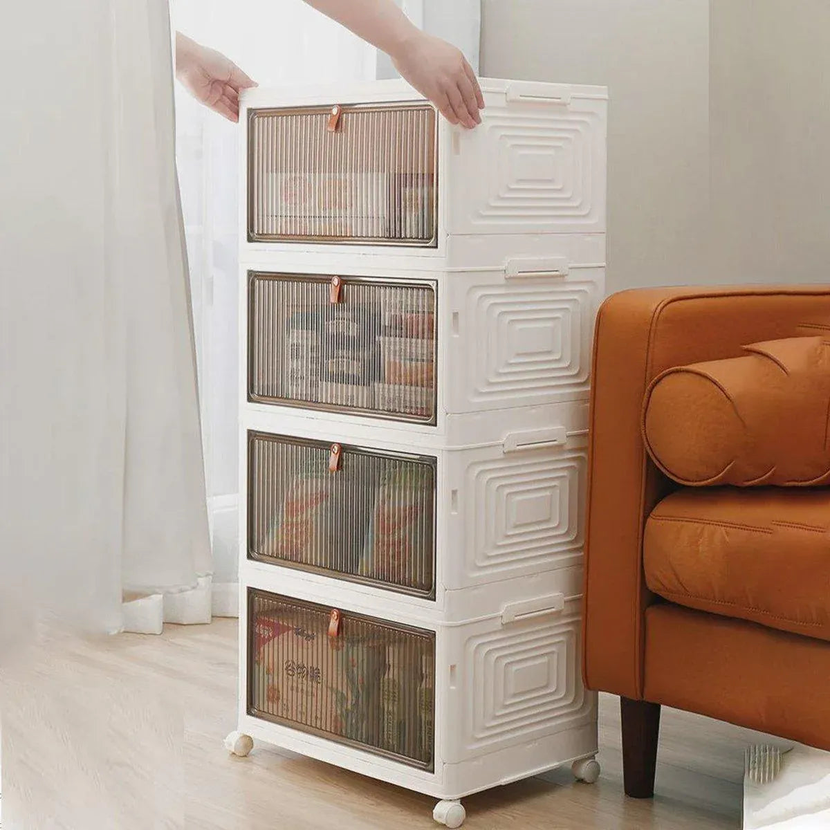 4 Tier Plastic Storage Cabinet with Wheels Large Capacity Foldable Storage Bins