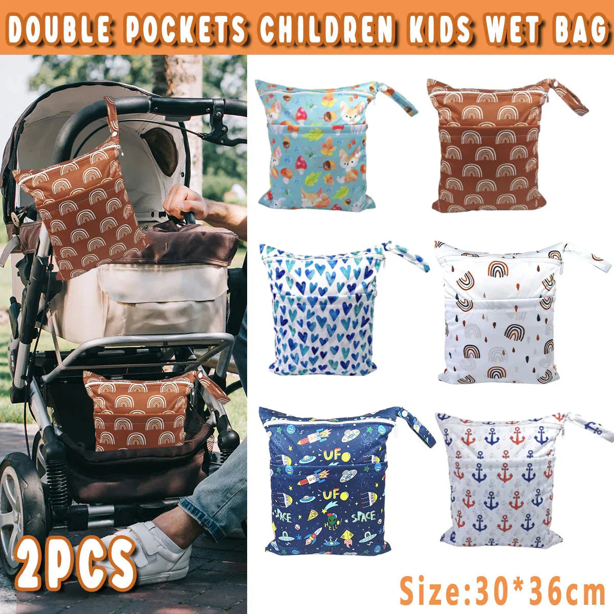 2PCS Cartoon Printed Diaper Bag Double Zipper Washable Storage Organizer - Colour Heart