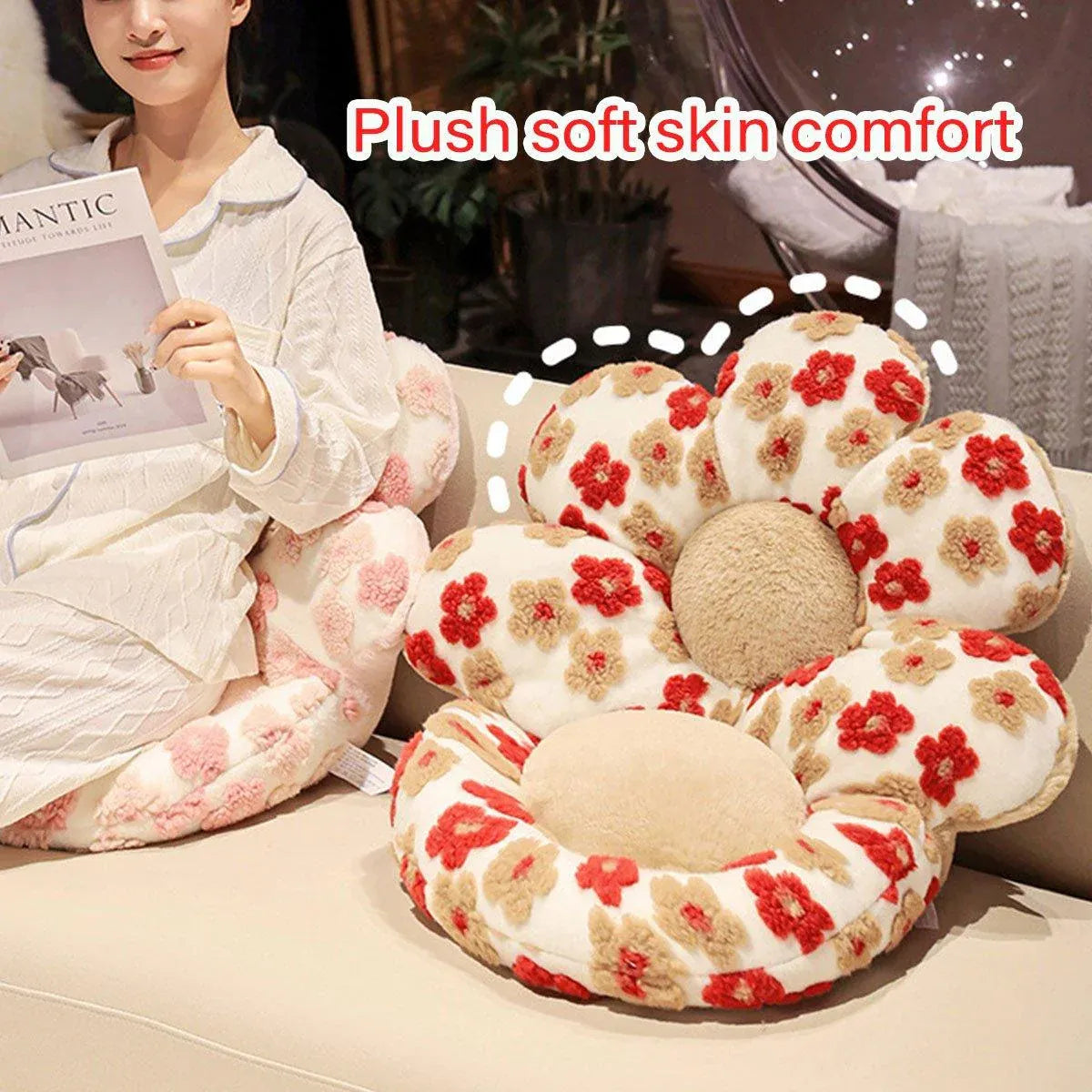 Cute Soft Seat Cushion Flower Shaped Lazy Sofa Pad for Office Chairs and Home Use - Red