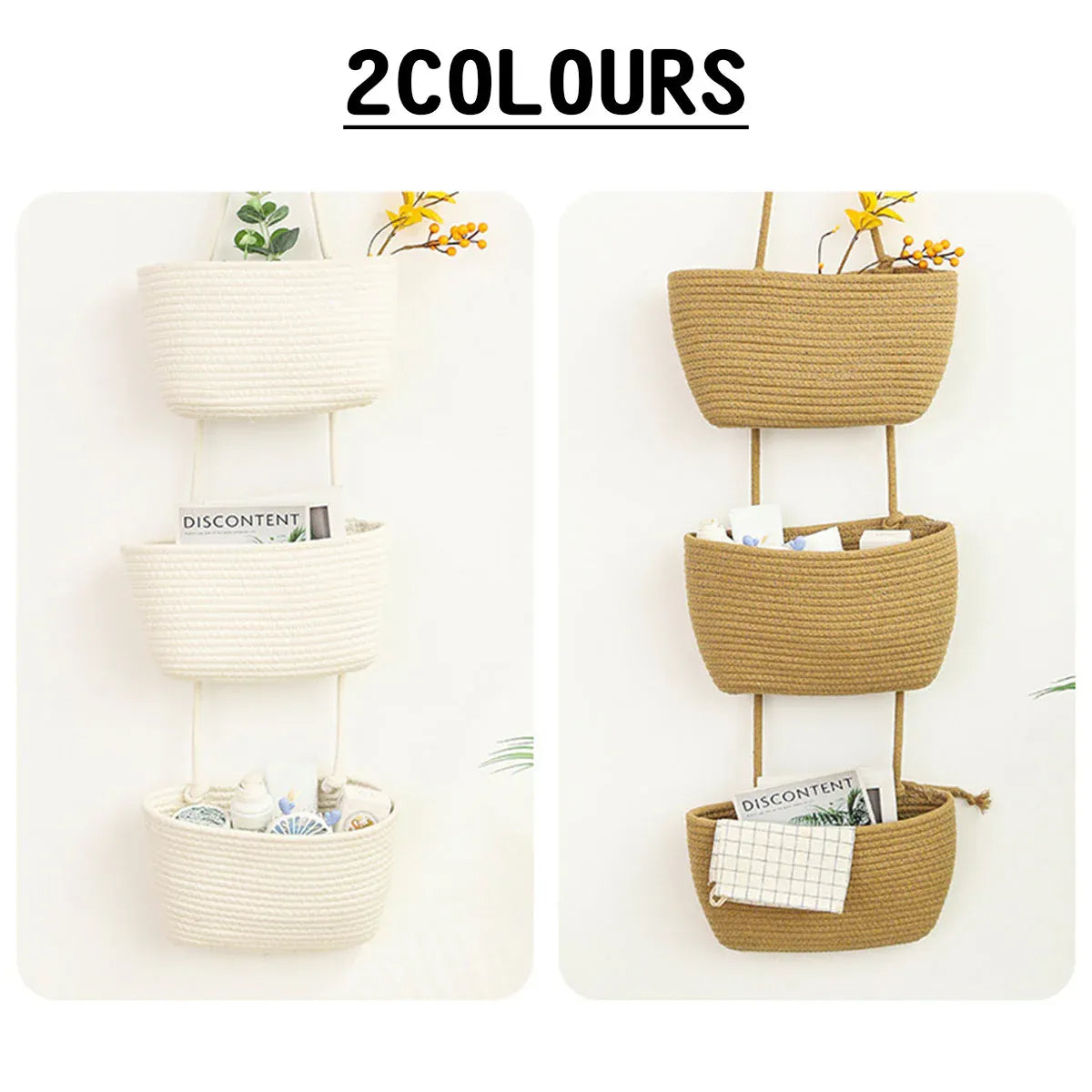 3 Layer Wall Mounted Storage Basket Hanging Organizer Rack for Household Items - Brown