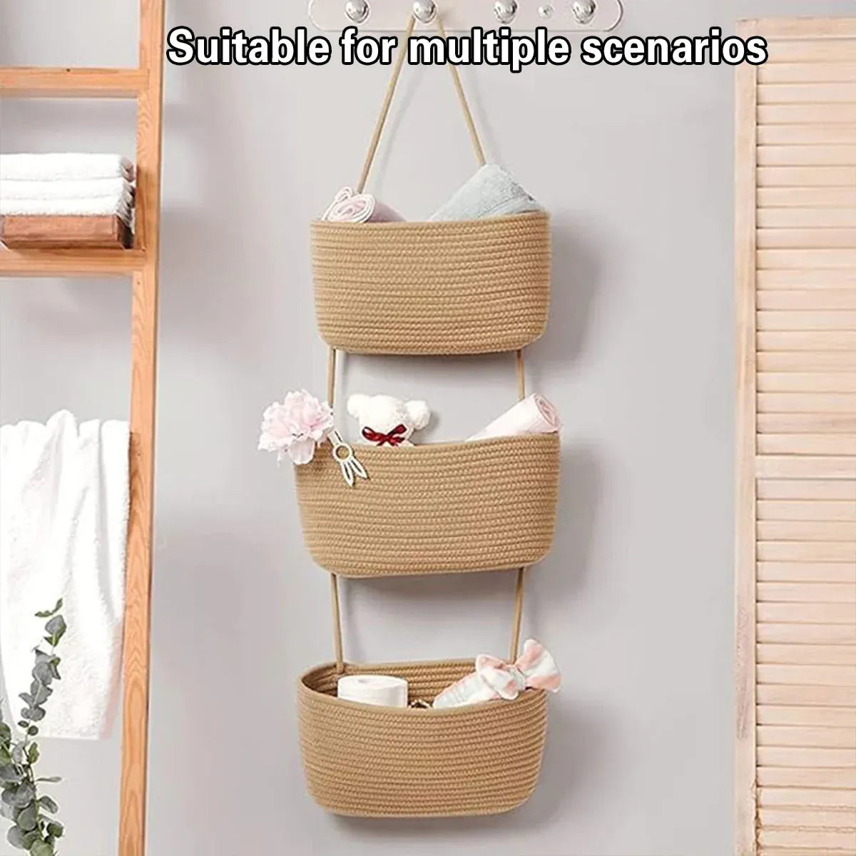 3 Layer Wall Mounted Storage Basket Hanging Organizer Rack for Household Items - White
