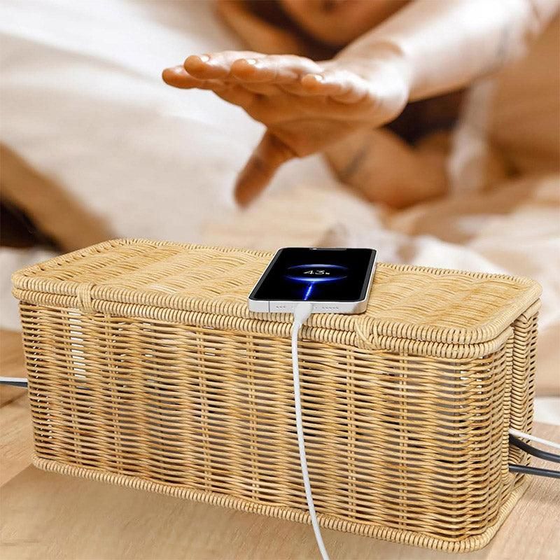 Desktop Cable Management Box with Cover Rattan Style Power Cord Organizer Case