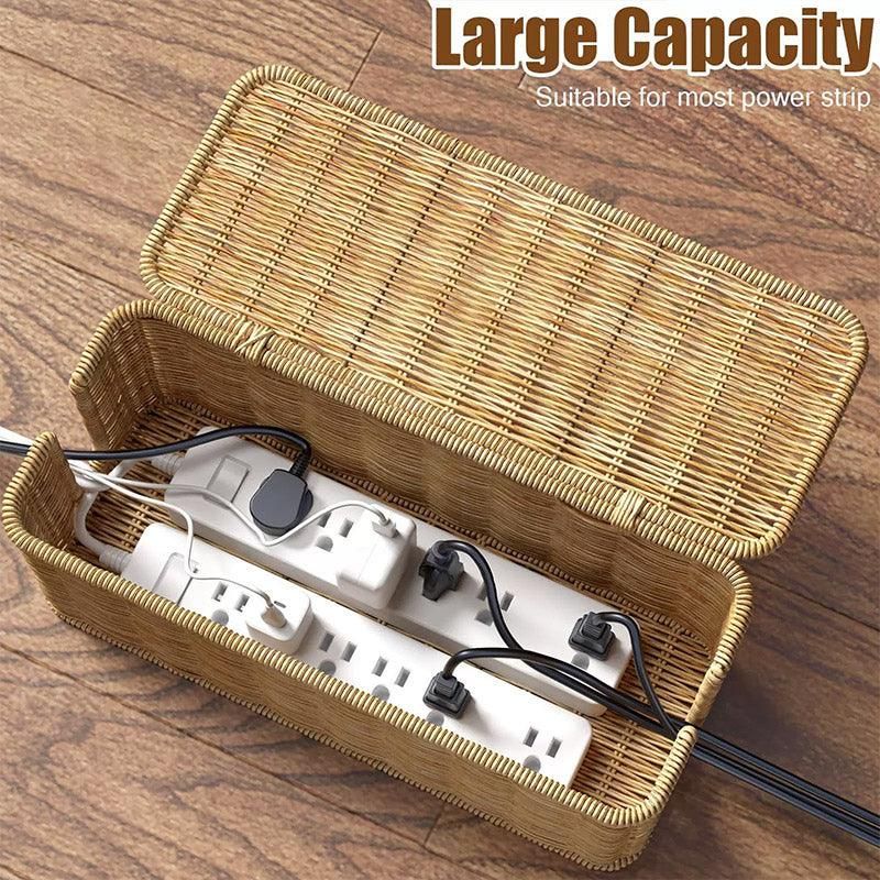 Desktop Cable Management Box with Cover Rattan Style Power Cord Organizer Case