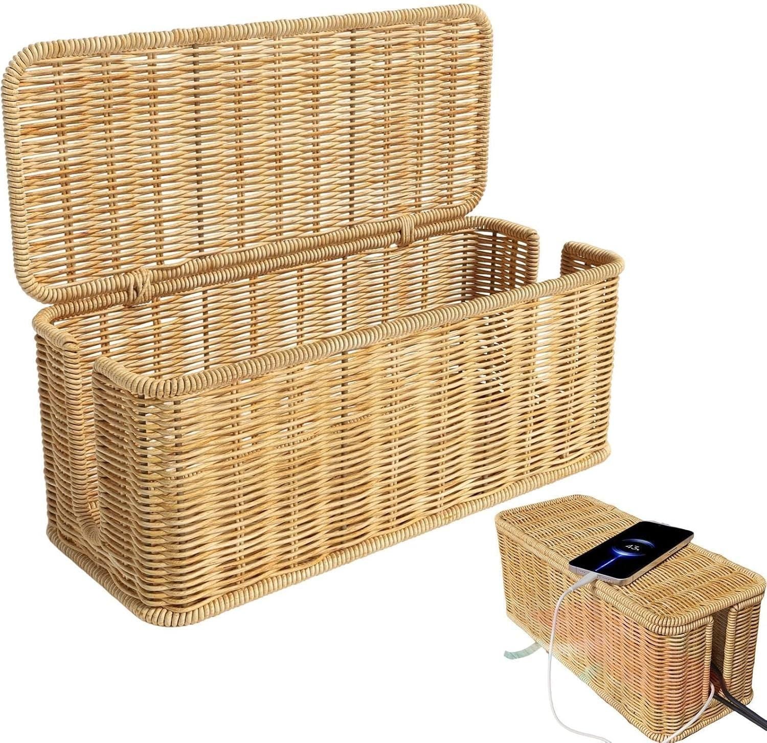 Desktop Cable Management Box with Cover Rattan Style Power Cord Organizer Case