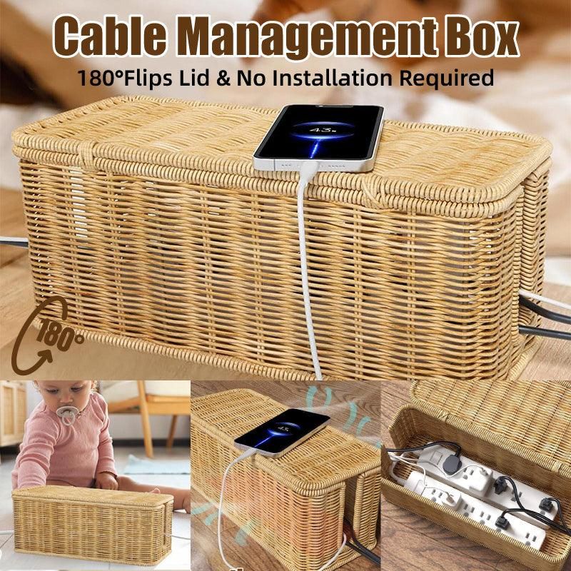 Desktop Cable Management Box with Cover Rattan Style Power Cord Organizer Case
