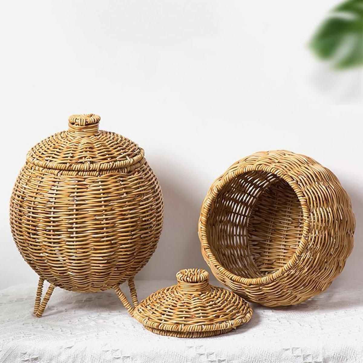 Hand Woven Storage Container with Lid Tabletop Basket Sundries Holder Organizer - Without Legs