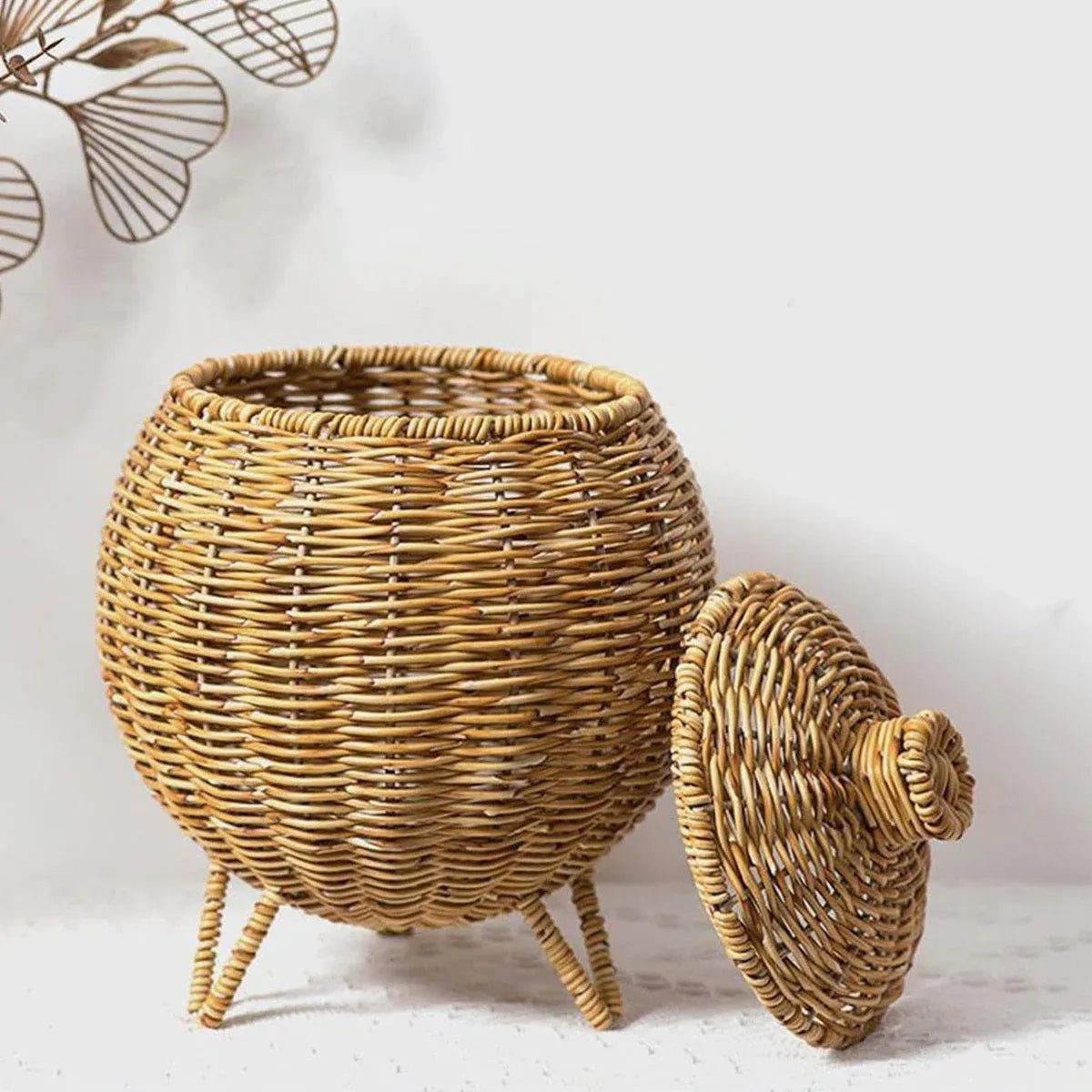 Hand Woven Storage Container with Lid Tabletop Basket Sundries Holder Organizer - Without Legs